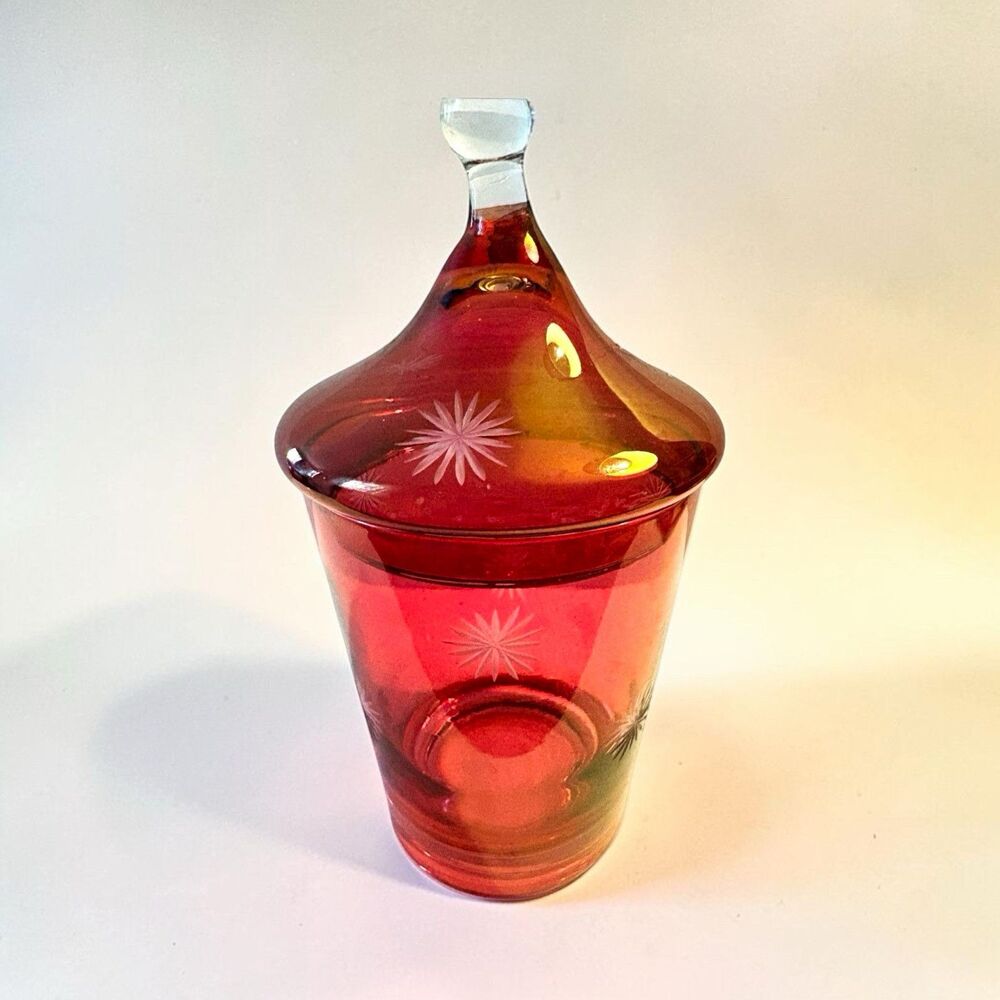 Solid Cranberry Glass Candy Jar Lidded 7" Atomic Starburst Etched MCM